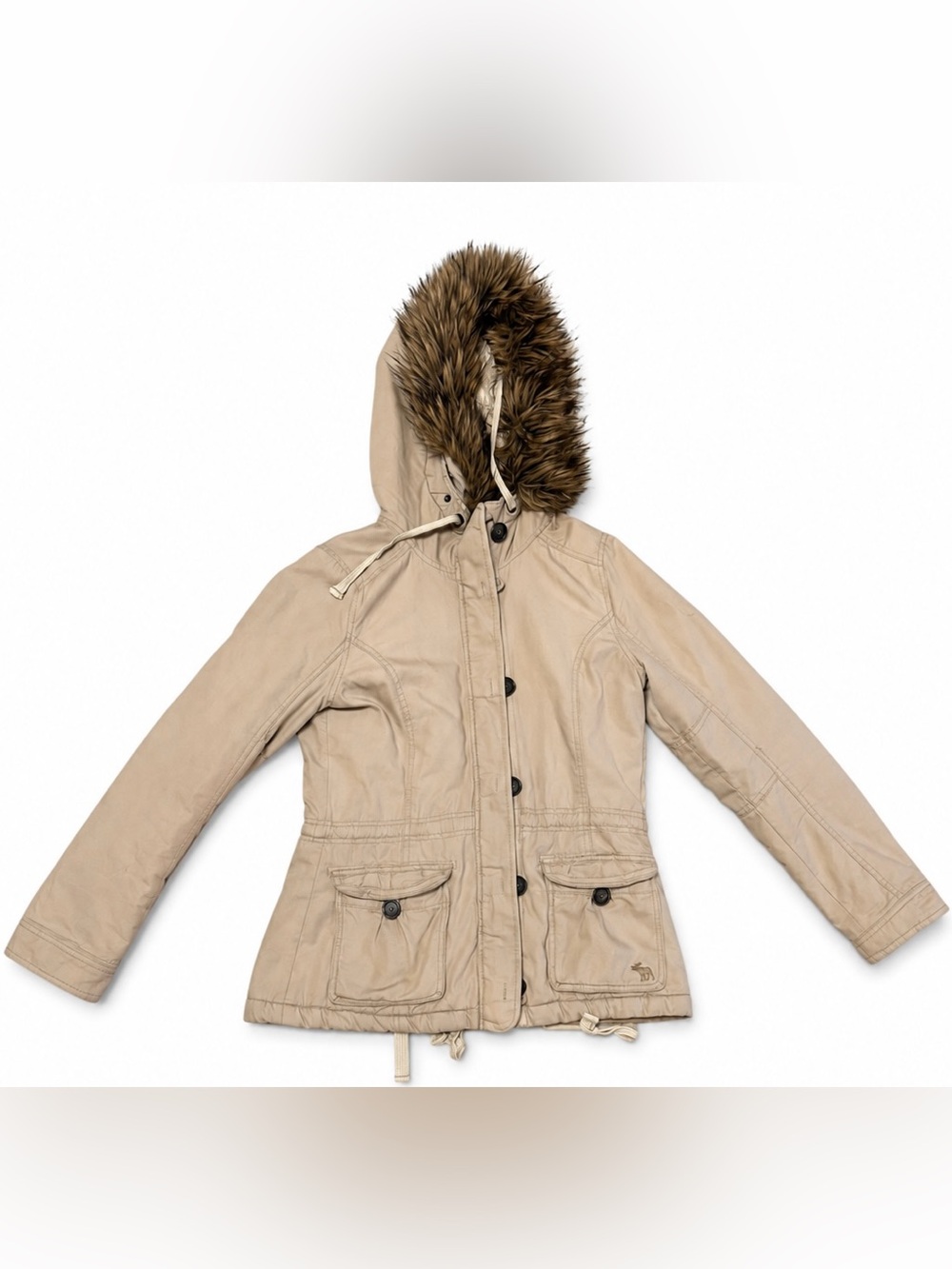 Abercrombie & Fitch Sherpa Lined Faux Fur Hood Utility Parka Jacket Beige Y2K